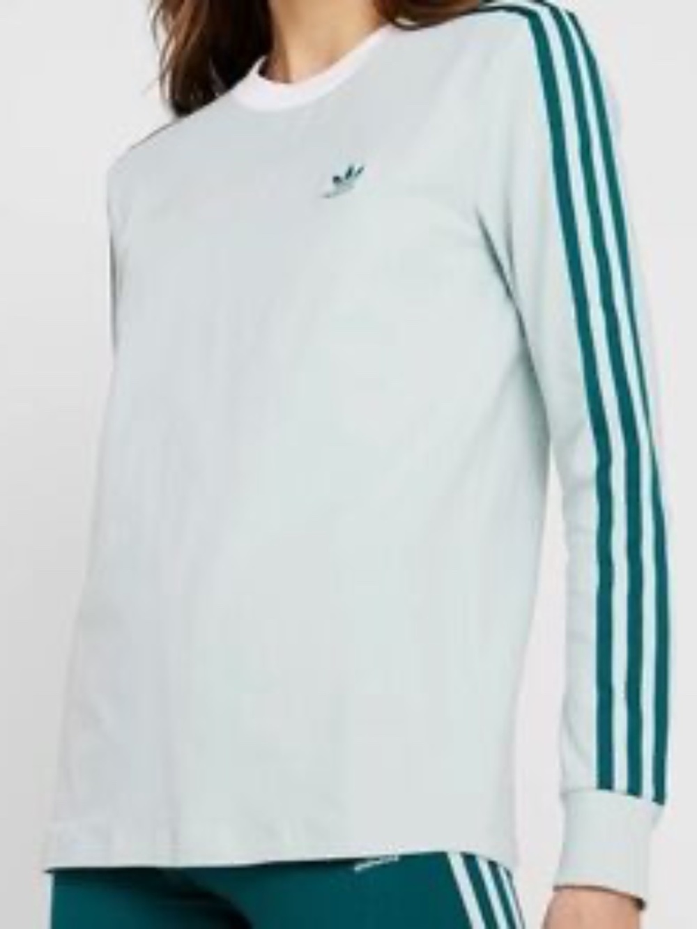 Women's Adidas Long Sleeve Trefoil Tee - Light Green with Dark Green Stripes